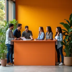 Recepção acolhedora em imobiliária com design brasileiro moderno.