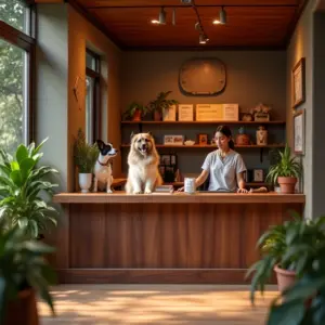 Recepção aconchegante de hotel para cães e gatos com equipe diversa.