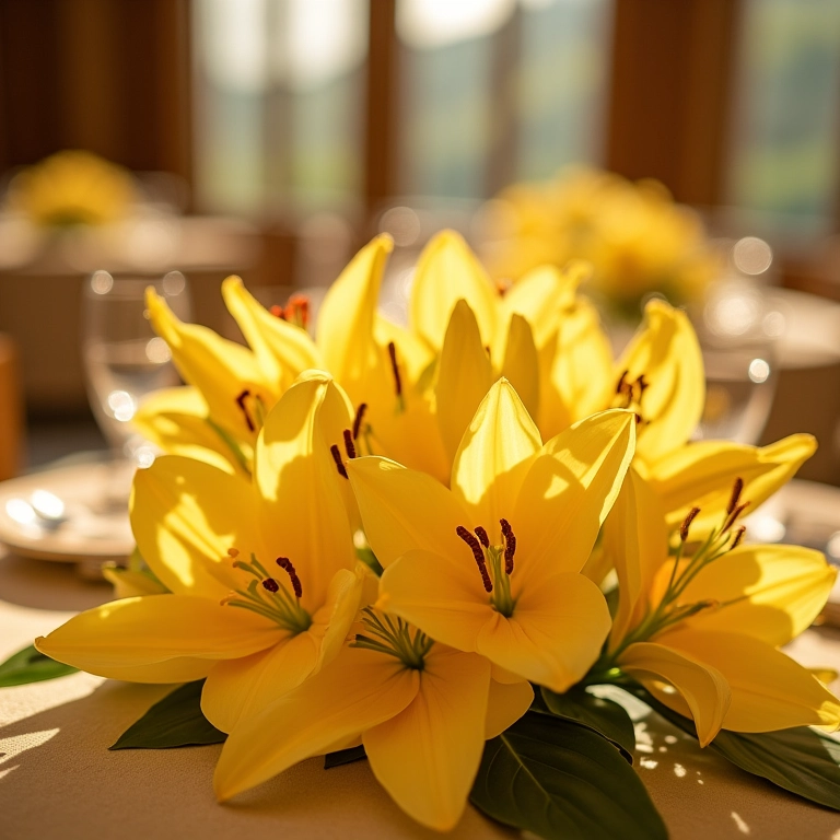 Recepção de casamento elegante com lírios amarelos decorando as mesas.