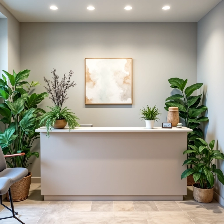 Recepção de clínica veterinária com plantas, obras de arte e ambiente acolhedor.