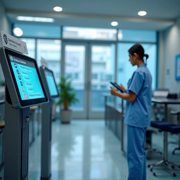 Recepção de hospital com tecnologia para otimizar processos.