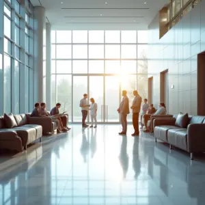Recepção de hospital moderna com iluminação natural e pessoas diversas.