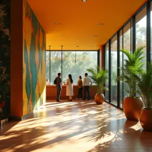 Recepção de hotel recém-reformada com decoração brasileira vibrante.