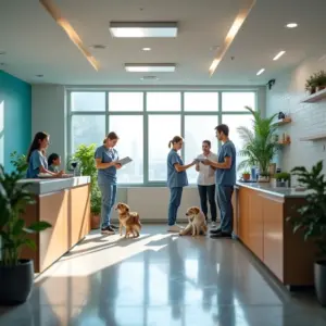 Recepção moderna e acolhedora de clínica veterinária 24 horas com equipe diversa.