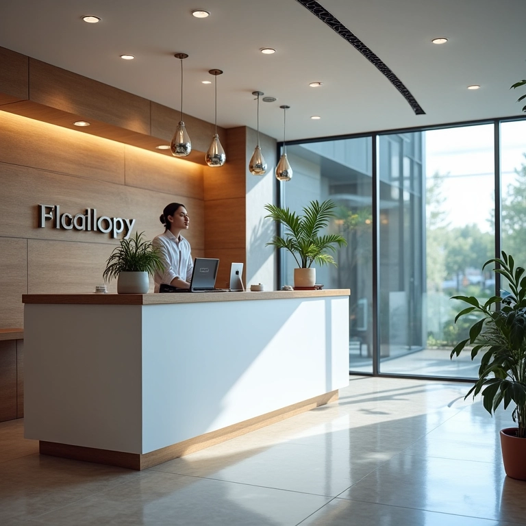 Recepção moderna e convidativa de imobiliária com recepcionista cordial.