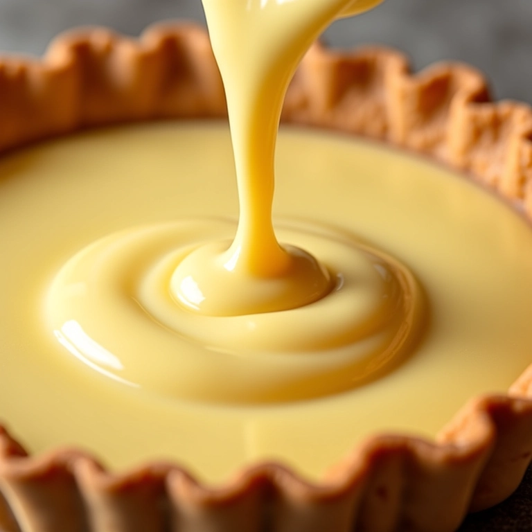 Recheio cremoso sendo despejado na massa da torta.