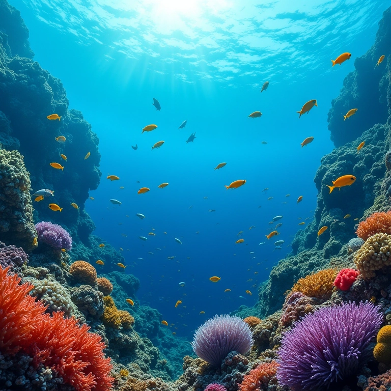 Recifes de corais coloridos e vida marinha diversa, mostrando a relação com a cor do mar.