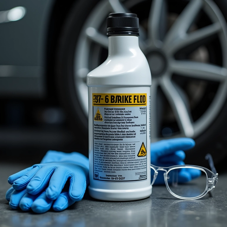 Recipiente de fluido de freio com avisos de segurança.