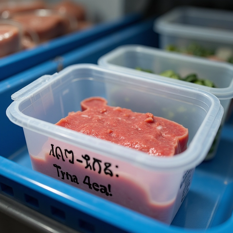 Recipiente selado com atum congelado, etiquetado com a data.