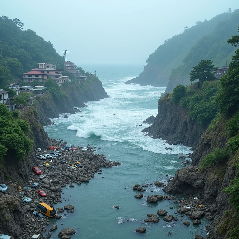 Recuo da onda de tsunami, revelando destruição e escombros.