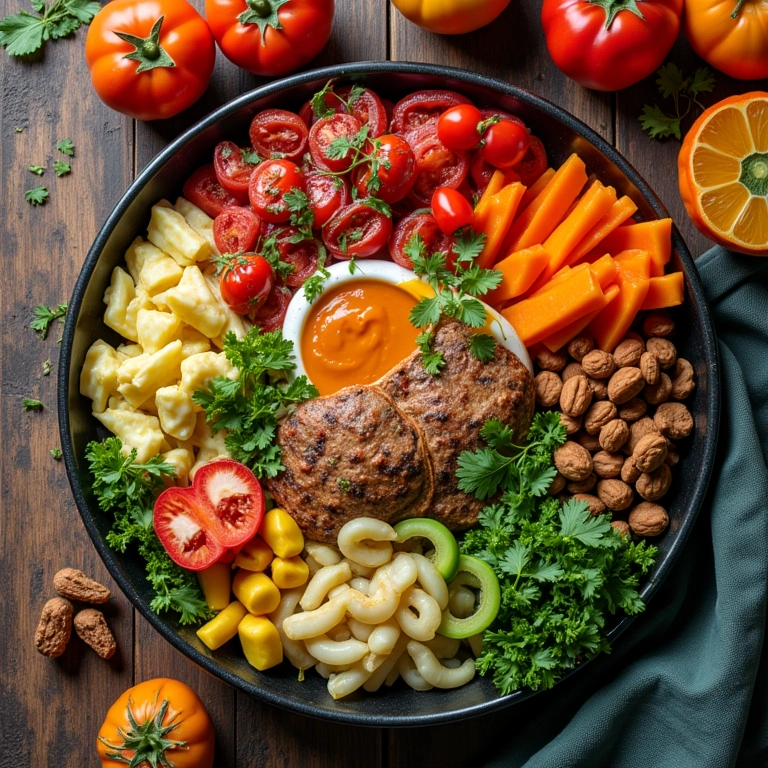 Refeição balanceada com ingredientes frescos.