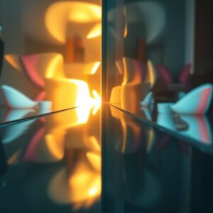 Reflexão abstrata em um espelho com luzes coloridas.