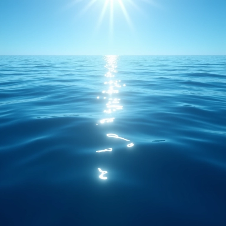 Reflexo da luz solar na superfície do oceano, com céu azul refletido.