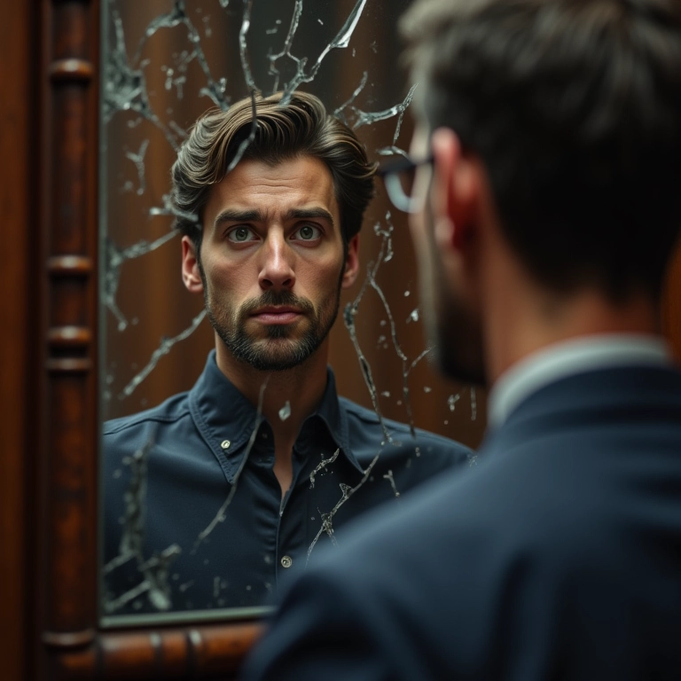 Reflexo distorcido de um homem em um espelho quebrado, aludindo às mentiras em uma delação.
