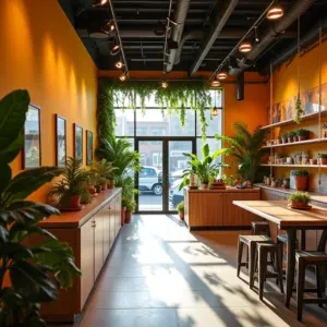 Reforma de loja com iluminação natural e design brasileiro vibrante.