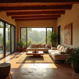 Reforma de rancho com visual rústico e moderno, destaque para a iluminação natural e decoração brasileira.
