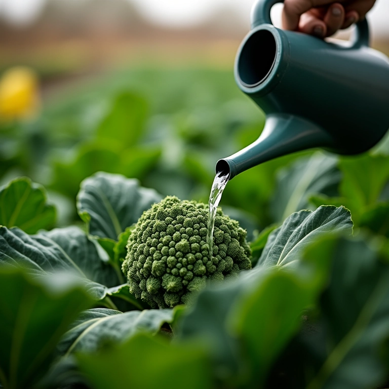 Rega e adubação de plantas de brócolis.