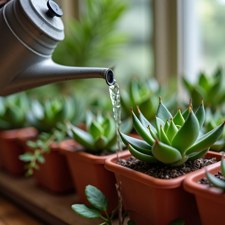 Rega suave de suculentas Echeveria com regador em vasos com solo bem drenado.