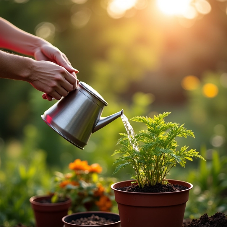 Regando a batata doce plantada em vaso.