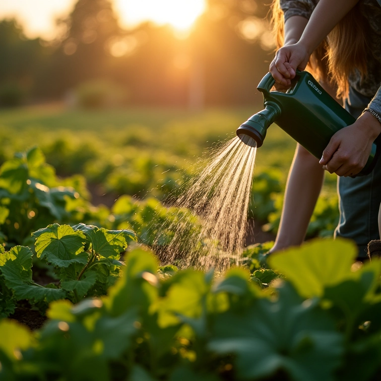 Regando a horta de verão pela manhã.