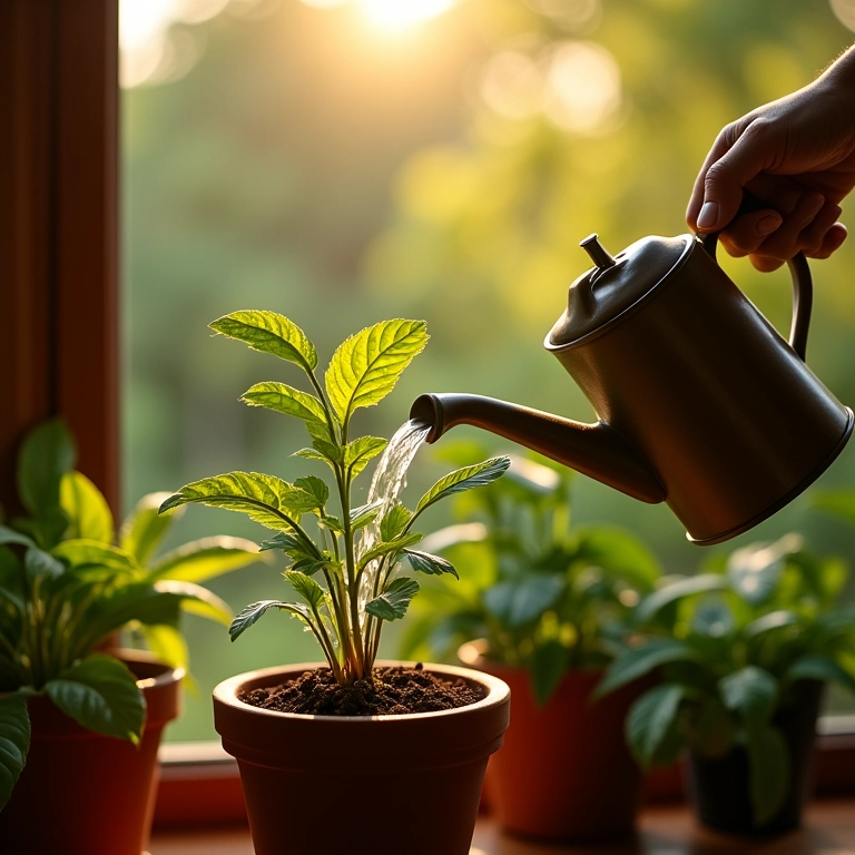Regando a planta de açafrão com regador sob a luz do sol.