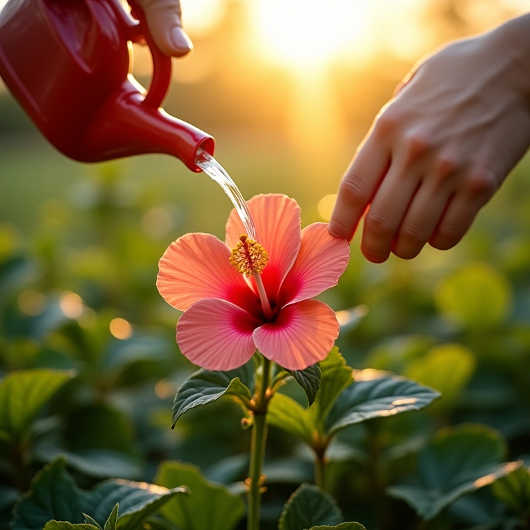 Regando a planta de hibisco com cuidado e atenção.