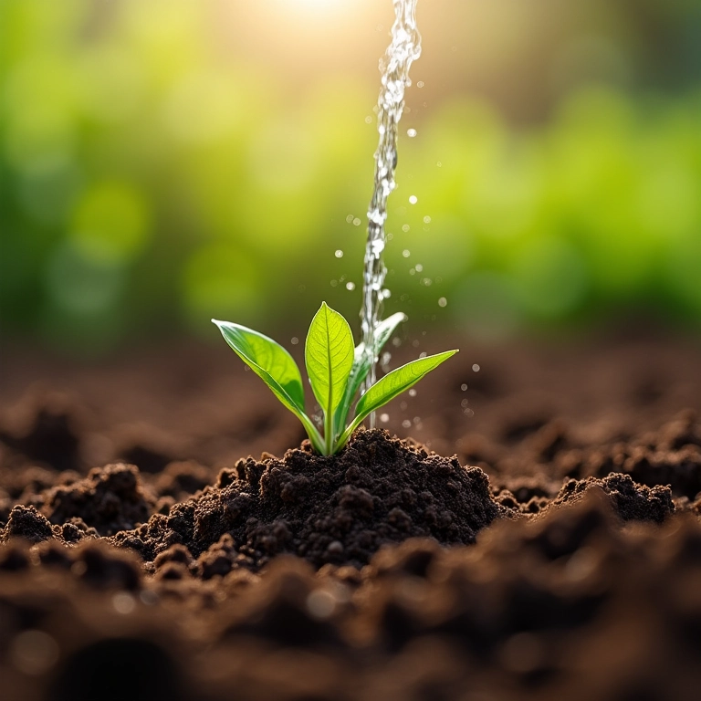 Regando a terra da couve de bruxelas em um vaso.