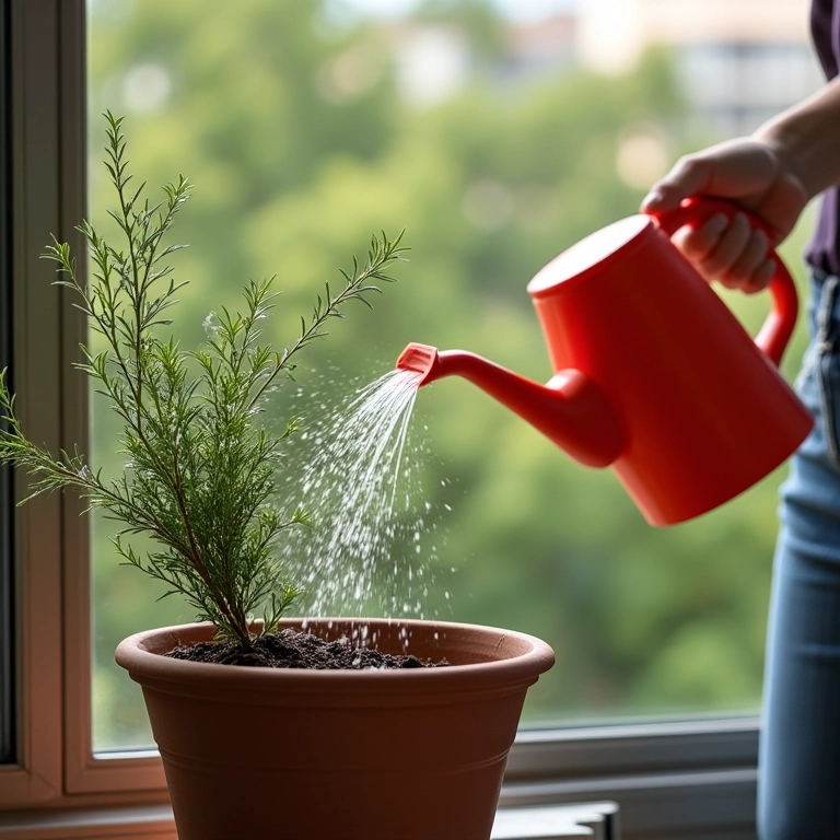 Regando alecrim em vaso.