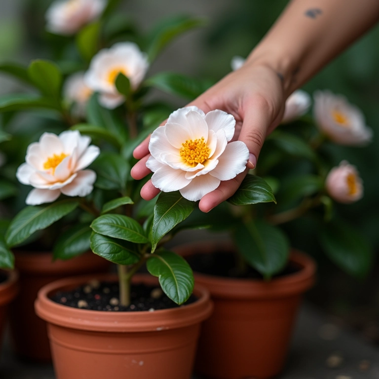 Regando camélias em vasos com cuidado.