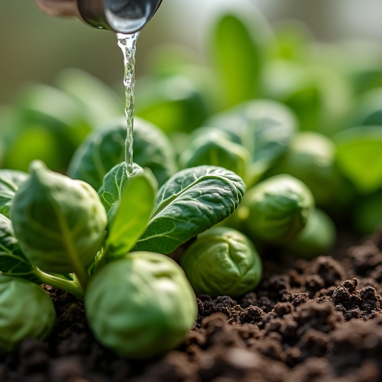 Regando couve de Bruxelas em vaso com regador.