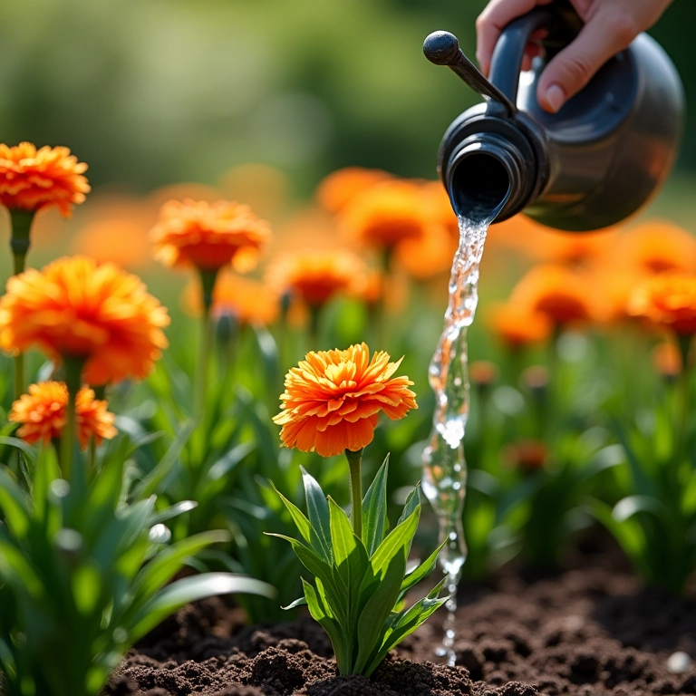 Regando cravos em um jardim ensolarado.