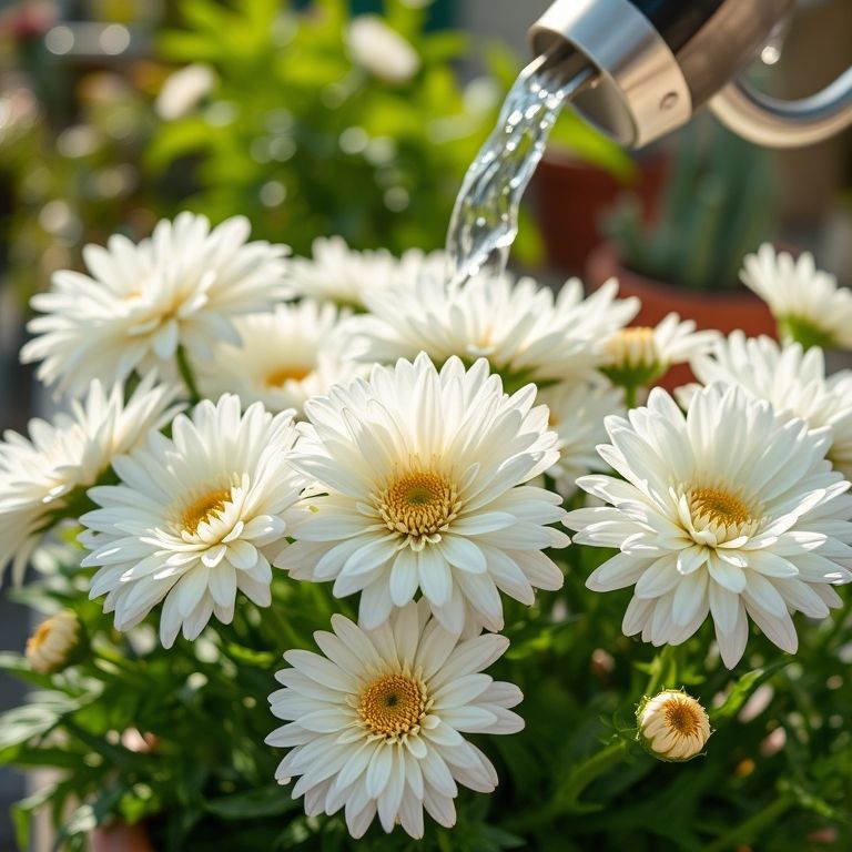 Regando crisântemos brancos.
