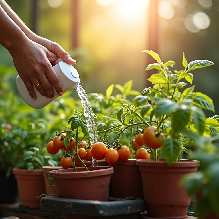 Regando e adubando tomate cereja plantado em vaso.