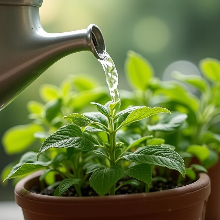 Regando erva cidreira em vaso com regador.