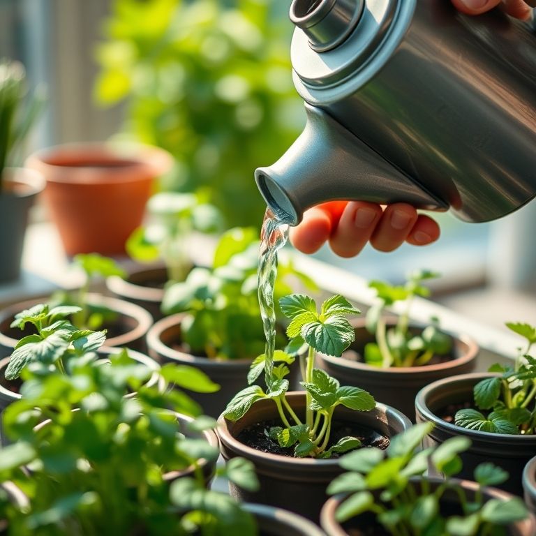 Regando ervas em vasos com cuidado e na medida certa.