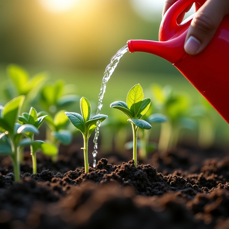 Regando mudas de hortaliças com cuidado.