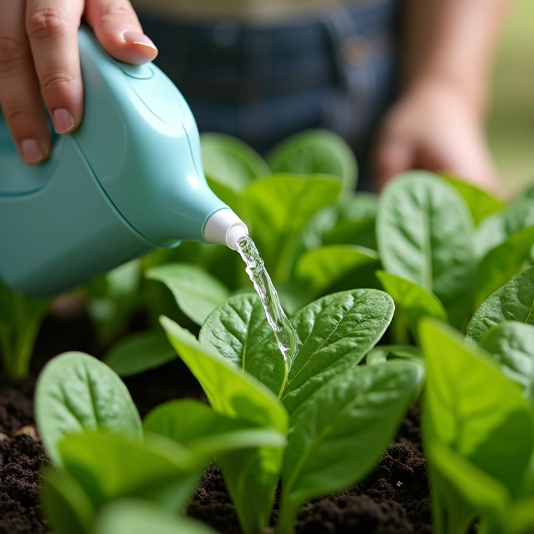 Regando o espinafre plantado em vaso.