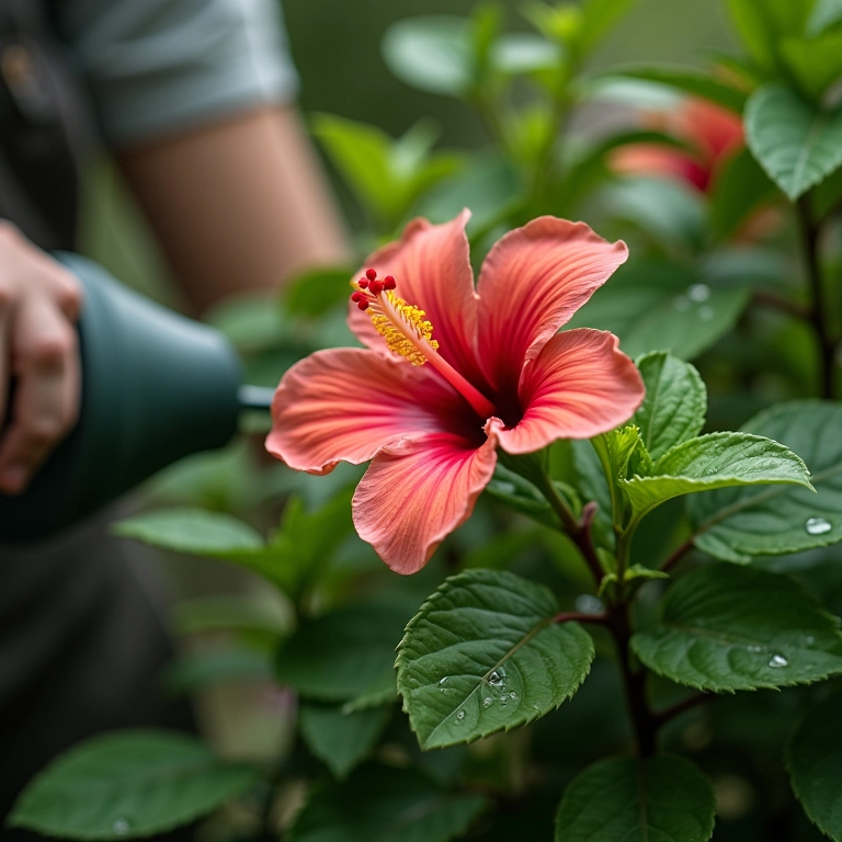 Regando planta de hibisco com regador.