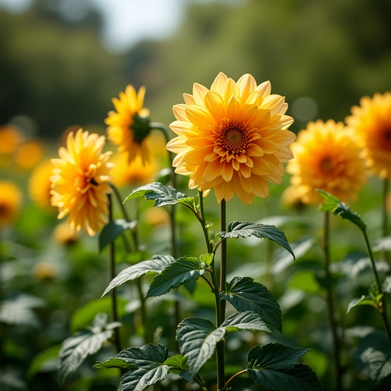 Regando plantas de dália com folhagem saudável.