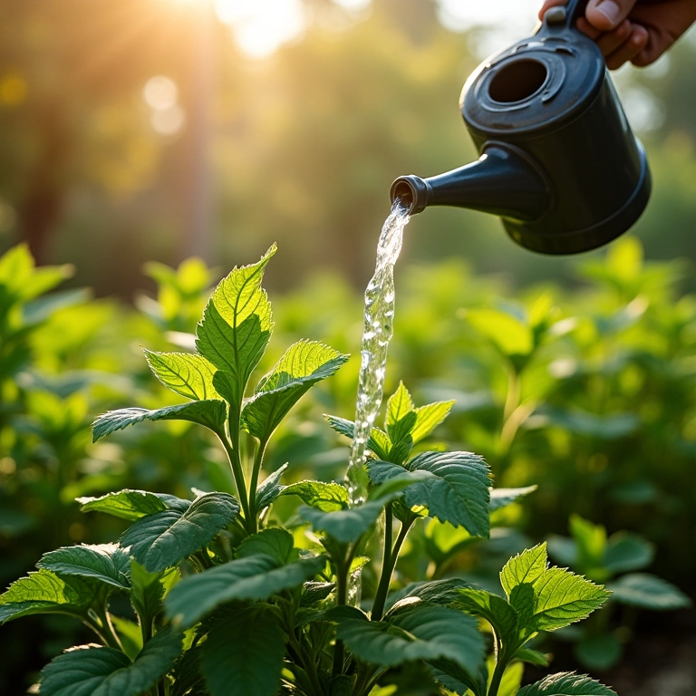 Regando plantas de estévia com regador em quintal ensolarado.