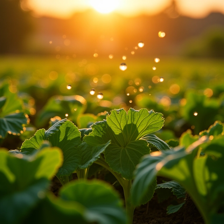 Regando plantas no início da manhã com luz dourada.
