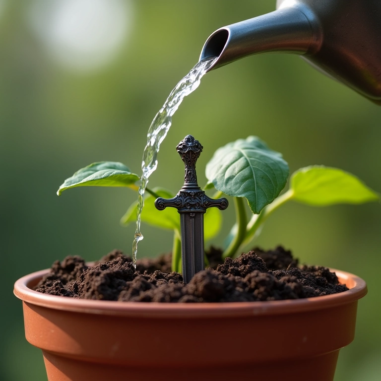 Regando suavemente uma Espada de São Jorge em vaso de terracota.