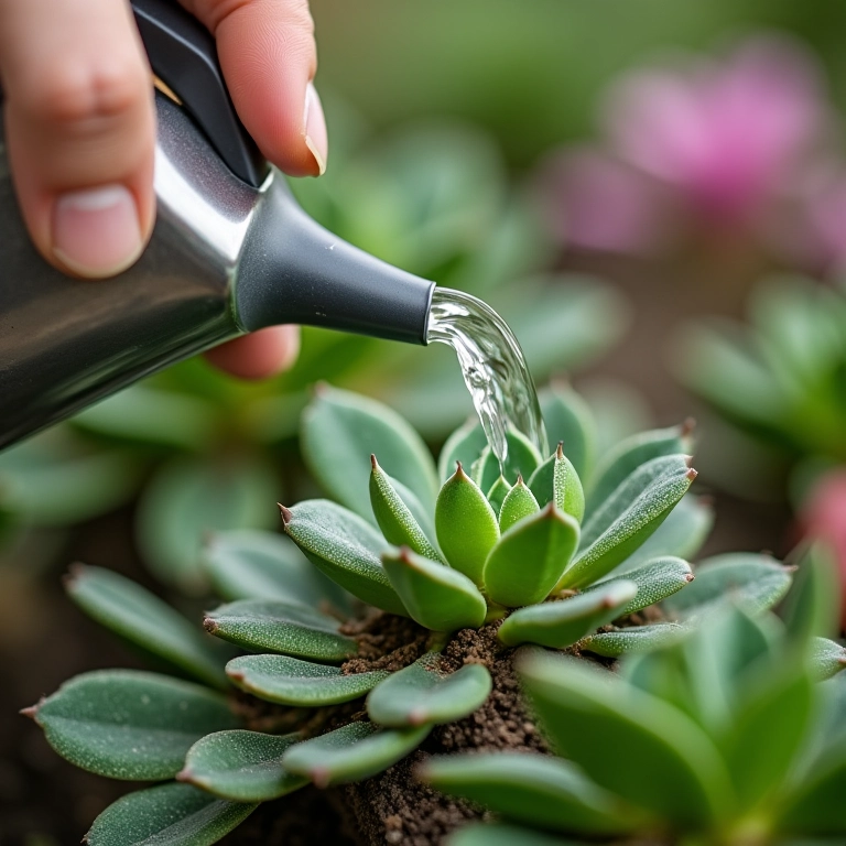 Regando suculenta com cuidado para não molhar as folhas.