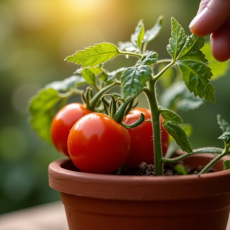 Regando tomate italiano em vaso.