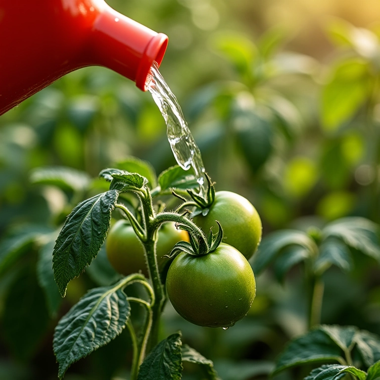 Regando tomateiros com um regador, gotas de água brilhando nas folhas.