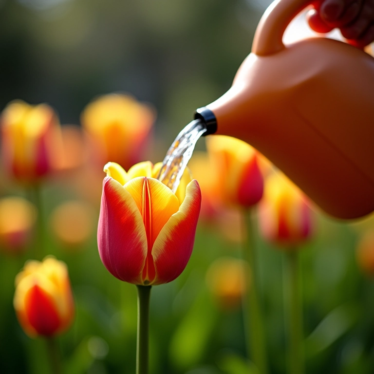 Regando tulipas com cuidado.