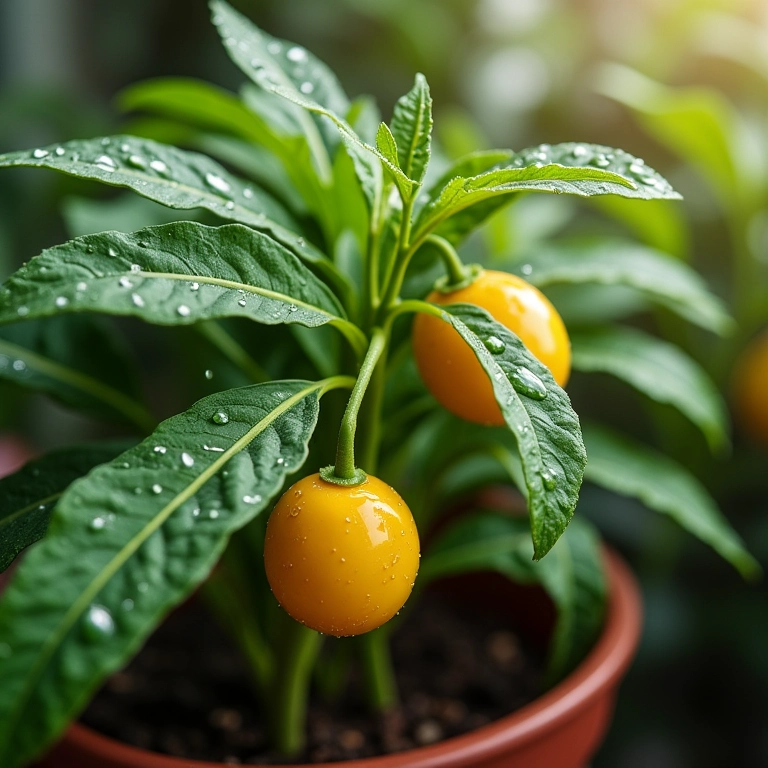 Regando um pé de maracujá em vaso.