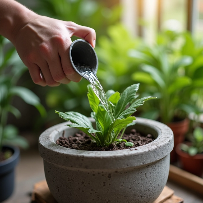 Regando um vaso de cimento com uma planta saudável.
