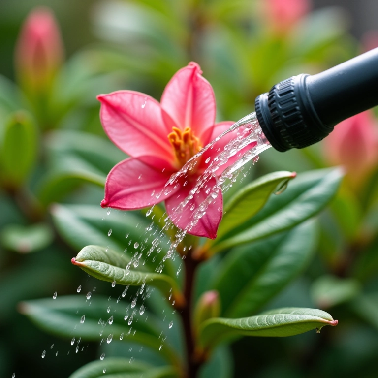 Regando uma azaleia sem exageros, mantendo a hidratação ideal.