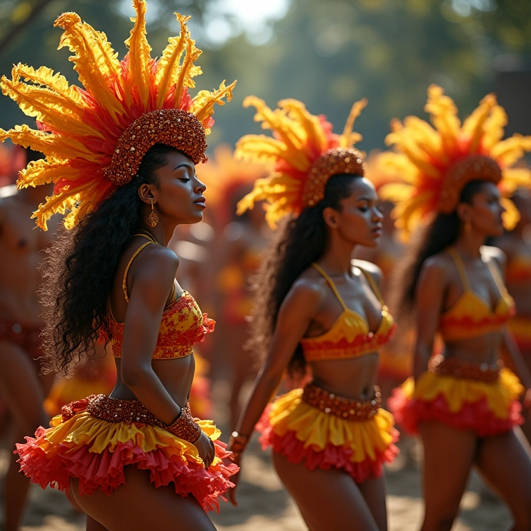 Reggaeton fundido com samba, com dançarinos em fantasias de carnaval.